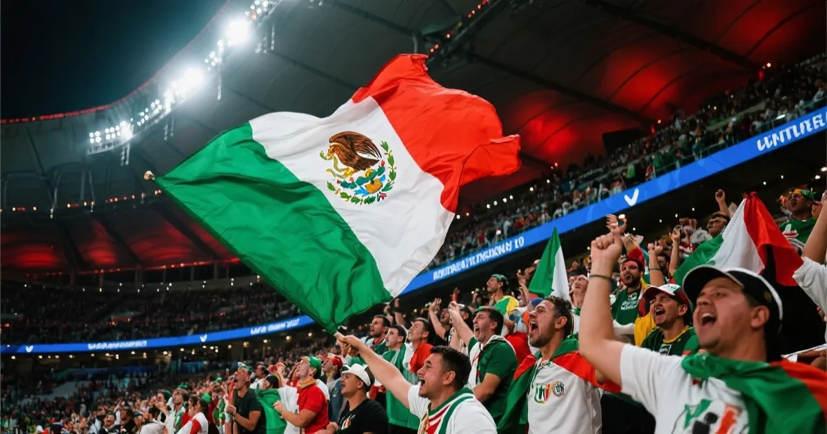 墨西哥球迷在看台上挥舞旗帜激动呐喊