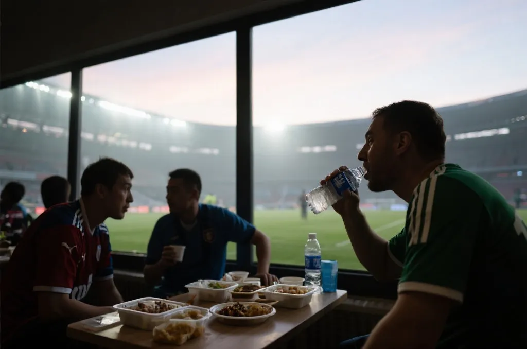 清晨比赛后进行轻食、补水和短暂休息的健康恢复场景